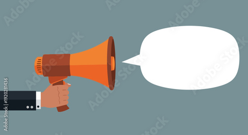 A hand holding a megaphone with a speech bubble, conveying a message or announcement, from a close-up perspective.