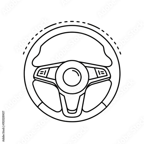 Detailed vector image of a modern three spoke car steering wheel featuring integrated control buttons and a circular central horn button design.