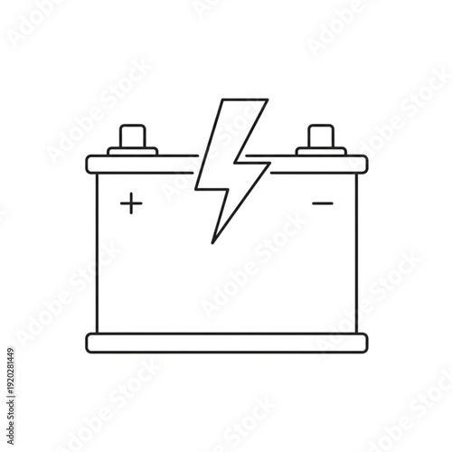 Minimalist vector image of a lead acid car battery showing positive and negative terminals with a lightning bolt indicating electrical storage capacity.