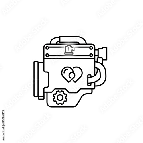 Complex vector image of an internal combustion engine block featuring a heart symbol to represent the central core of a vehicle.