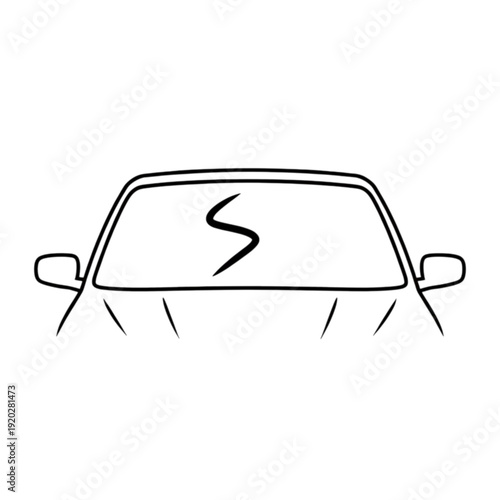 Stylized vector image of a car windshield viewed from the front featuring a large crack or chip symbol requiring professional glass repair.