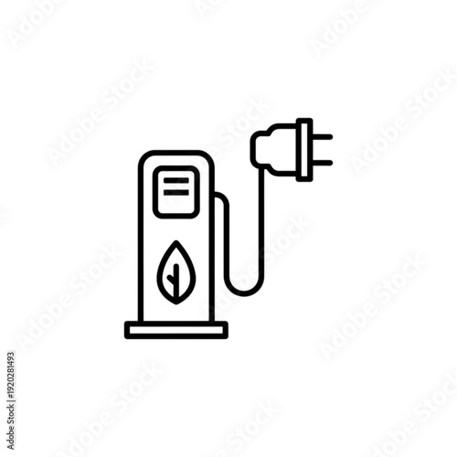 Sustainable green energy electric vehicle charging station black and white vector image featuring eco-friendly leaf symbol and power plug for environmental transport solutions.