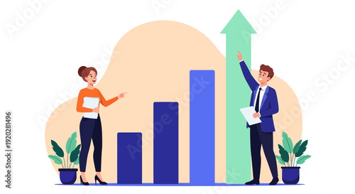 Business professionals analyzing a rising bar graph with green upward arrow indicating success or growth in a modern office environment
