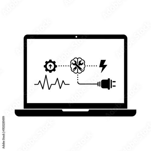 Digital automotive diagnostic laptop computer interface vector image illustrating brain mechanics gears power and electrical connectivity for high-tech vehicle maintenance and repair systems.