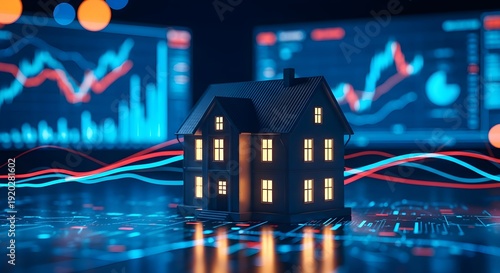 A small house model with illuminated windows sits on a reflective surface with various graphs and charts displayed in the background with a futuristic and technological mood.