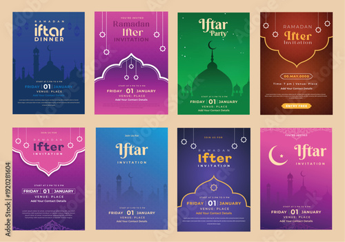 Set of isolated greeting cards or Iftar invitation with crescent and lanterns, eid mubarak arabic calligraphy saying Blessed Festival or Feast. Iftar invitation, Ramadan kareem