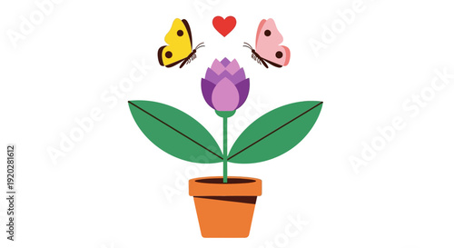 A vibrant flower in a pot surrounded by butterflies and a heart, symbolizing love and nature