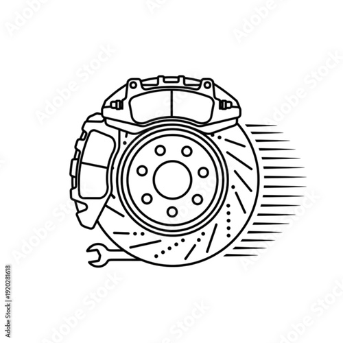 High Performance Disc Brake Vector Image Featuring a Caliper and Ventilated Rotor with a Wrench Icon for Professional Automotive Braking System Maintenance