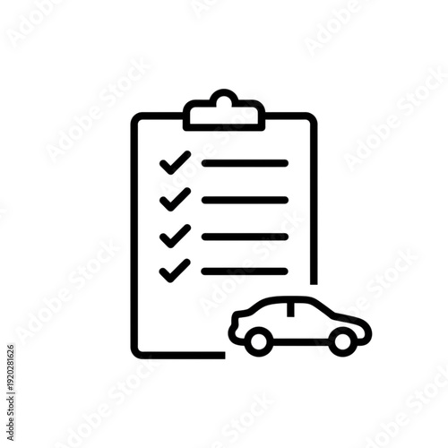 Professional vector image of a clipboard with checkmarks next to a car silhouette representing a vehicle inspection checklist or maintenance report.