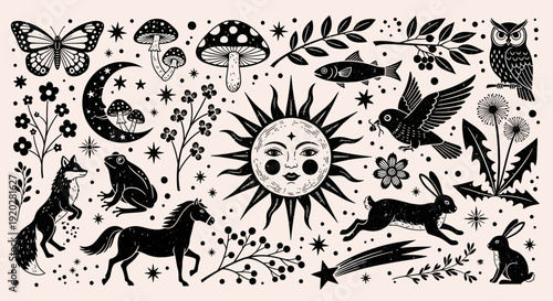 Mystical creatures and celestial bodies illustration featuring animals, sun, and moon in a whimsical nighttime landscape viewed from above