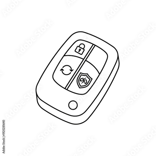 Detailed vector image of a modern smart car key fob showing security lock icons and remote start symbols for digital vehicle access.