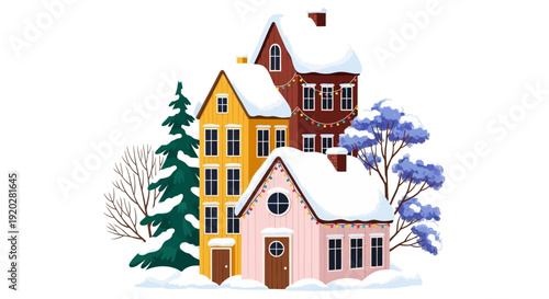 Winter scene of snow-covered houses and trees in a serene landscape from a front view