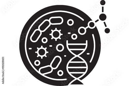 Petri dish science icon with bacteria and DNA helix, laboratory microbiology research symbol in black and white silhouette style for biotech, medicine, genetics
