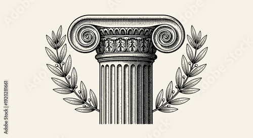 An ornate column capital with scrolls and laurel wreaths illustration from a front view