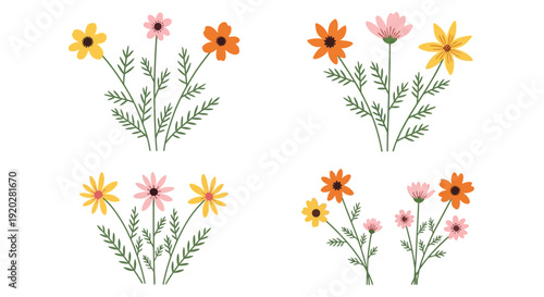 Vibrant floral arrangements of colorful flowers and lush greenery displayed in a harmonious illustration