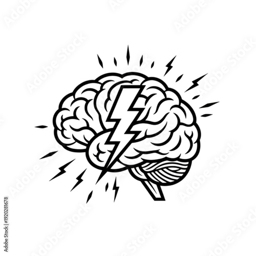 Human brain with lightning bolt power spark vector image symbolizing creative brainstorming, mental health awareness, cognitive energy, and innovative problem solving ideas.