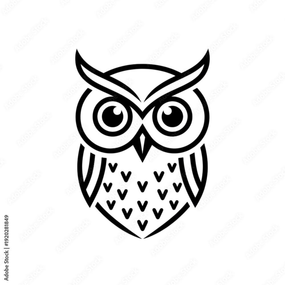 Naklejka premium A detailed and stylized black and white vector image of an owl head showing large eyes and feathered textures in a circular badge style.