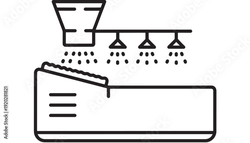 Bath shower icon with bathtub and overhead showerhead in bold outline style, bathroom hygiene and home sanitation symbol, minimal black line pictogram isolated