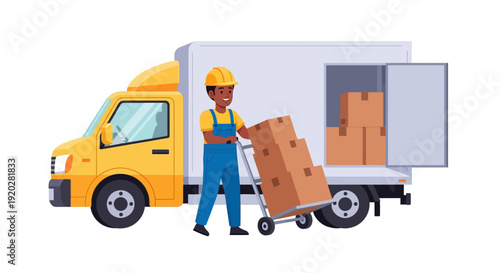 Delivery man in uniform loading cardboard boxes into a large truck