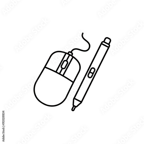 Digital creative tools computer mouse and stylus vector image representing graphic design, artistic illustration, and modern technology for digital artists and professionals.