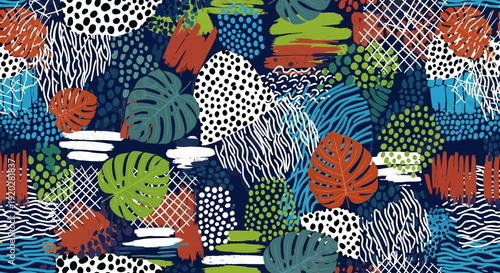 Vibrant tropical leaves and abstract shapes intertwined in a colorful illustration