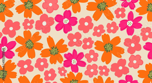 Vibrant floral pattern featuring daisies, flowers, petals, arrangements, and blooms in a repeating design from a top-down viewpoint