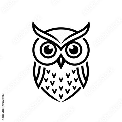 A detailed and stylized black and white vector image of an owl head showing large eyes and feathered textures in a circular badge style.