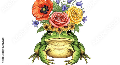 A serene illustration of a green frog wearing a floral crown with colorful flowers sitting calmly from a front viewpoint