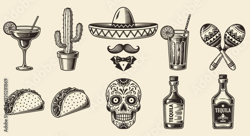 Vibrant Mexican Fiesta Elements, Drinks, and Symbols Illustration Featuring Sombrero, Cactus, and Skull