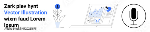 Financial analytics, digital marketing, remote work, podcasting, data presentation, content creation. Laptop charts and data with a plant and microphone. Financial analytics and podcasting concept