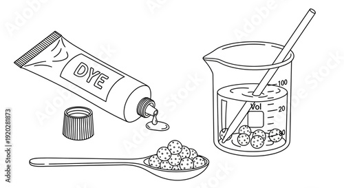A detailed illustration of glue being poured into a measuring beaker with a spoon containing small objects nearby