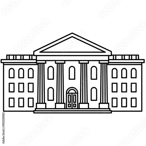 Schilderij op canvas A stately and architectural black and white vector image of a government building or courthouse featuring classical columns and a symmetrical facade structure