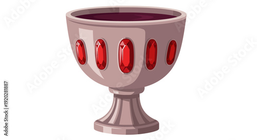 An ornate, red-jewelled, pink goblet stands elegantly on a transparent surface, viewed directly from the front.