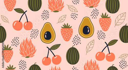 A vibrant pattern of assorted fruits including cherries, strawberries, and avocados, surrounded by leaves, displayed on a soft peach background from a top view