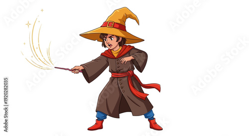 A young wizard casting a magical spell with a wand in a mystical environment from a front viewpoint