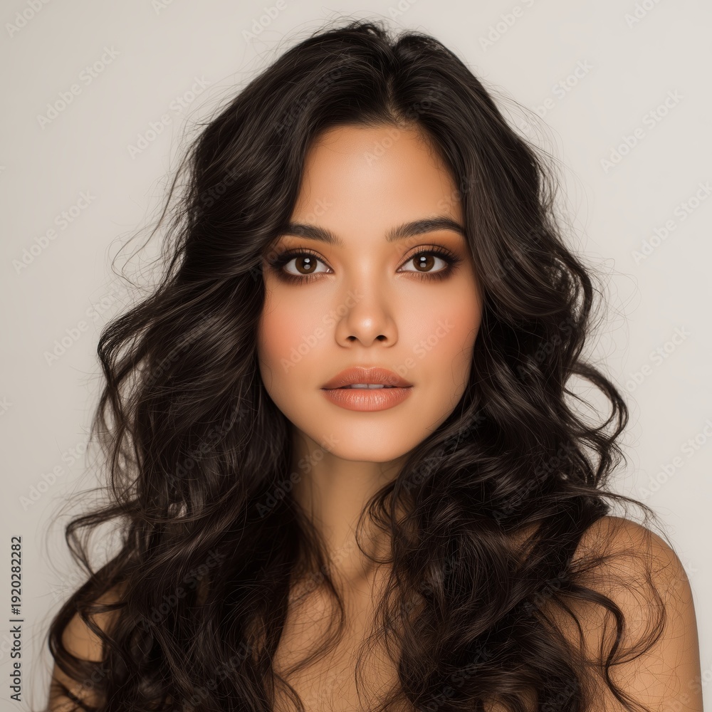 Naklejka premium Elegant Studio Portrait of Woman with Voluminous Black Hair