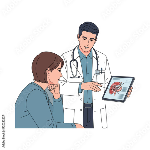 Doctor Explaining Kidney Anatomy to a Patient Using a Digital Tablet