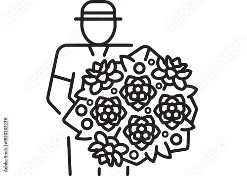 Florist holding bouquet icon with blooming flowers and leaves, minimal black outline line art on white background, garden shop delivery and wedding arrangement concept