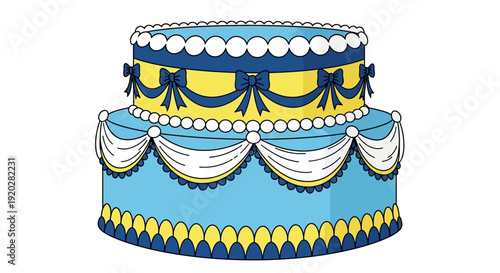 Decorated three-tier cake with blue and yellow icing and white drapes illustration