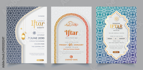 Set of luxury islamic iftar invitation with decorative ornament pattern and lantern