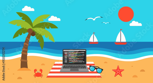 A laptop sits on a striped beach towel under a palm tree by the ocean with sailboats in the distance.