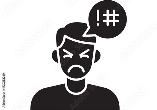 Person angry icon with swearing speech bubble, upset face and frown expression, black silhouette pictogram for rude language, complaint, conflict and frustration concept