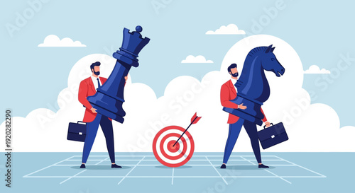 Two business professionals competing intensely, holding large chess pieces, standing near a target on a grid, symbolizing strategic business competition