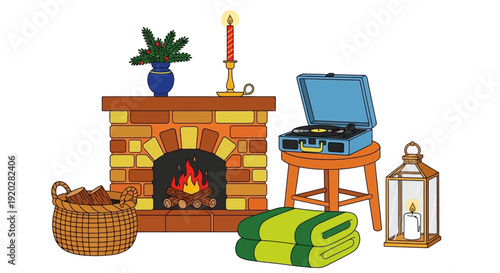 Cozy fireplace scene with burning fire, record player, and warm blankets on a cold winter evening indoors