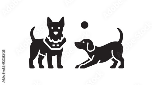 Dogs playing icon with two puppies and ball, black silhouette pet logo design for veterinary clinic, animal shelter, dog training app, and pet care services