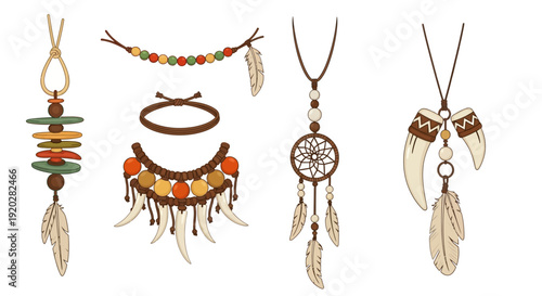 Assorted traditional jewelry pieces including necklaces and adornments featuring feathers and dreamcatchers on display
