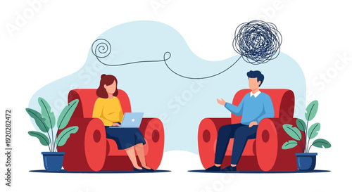 Counseling session between a man and woman seated in red armchairs with plants nearby in a calm environment