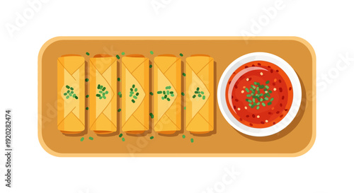 Illustration of spring rolls with dipping sauce on a plate viewed from directly above