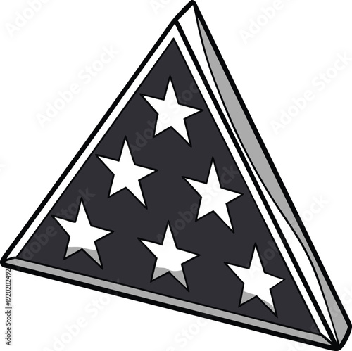 A stylized triangular flag featuring five white stars on a dark background with shading effects.