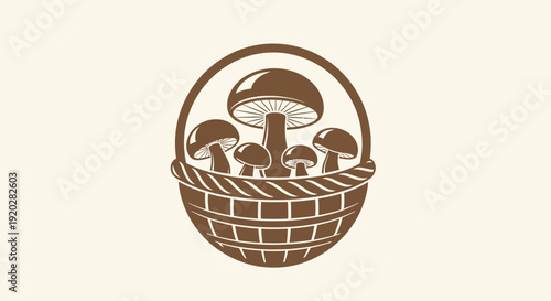 A basket filled with various mushrooms in a simple illustration style from a straightforward viewpoint